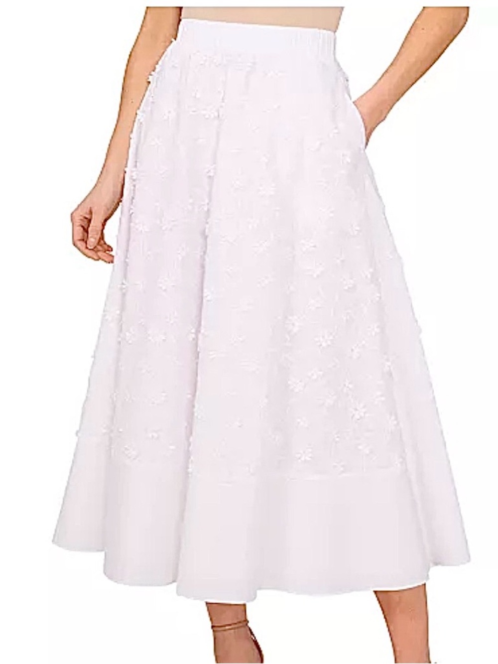 CeCe White Cotton 3D Floral Appliqué Midi Skirt with Pockets Size M - Picture 7 of 9